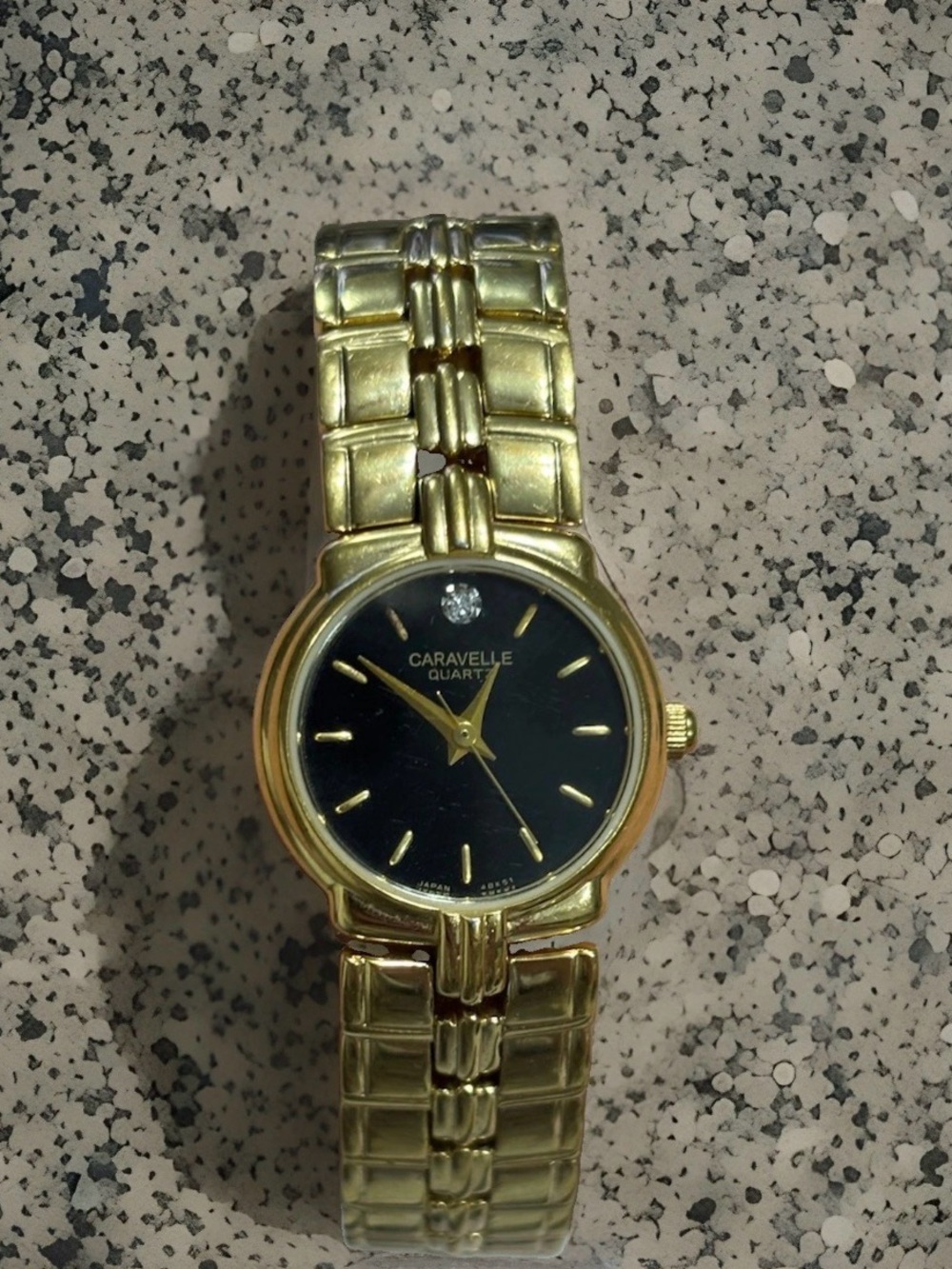 Vintage Caravelle Quartz Women's Analog Gold Tone Watch Black Dial Diamond